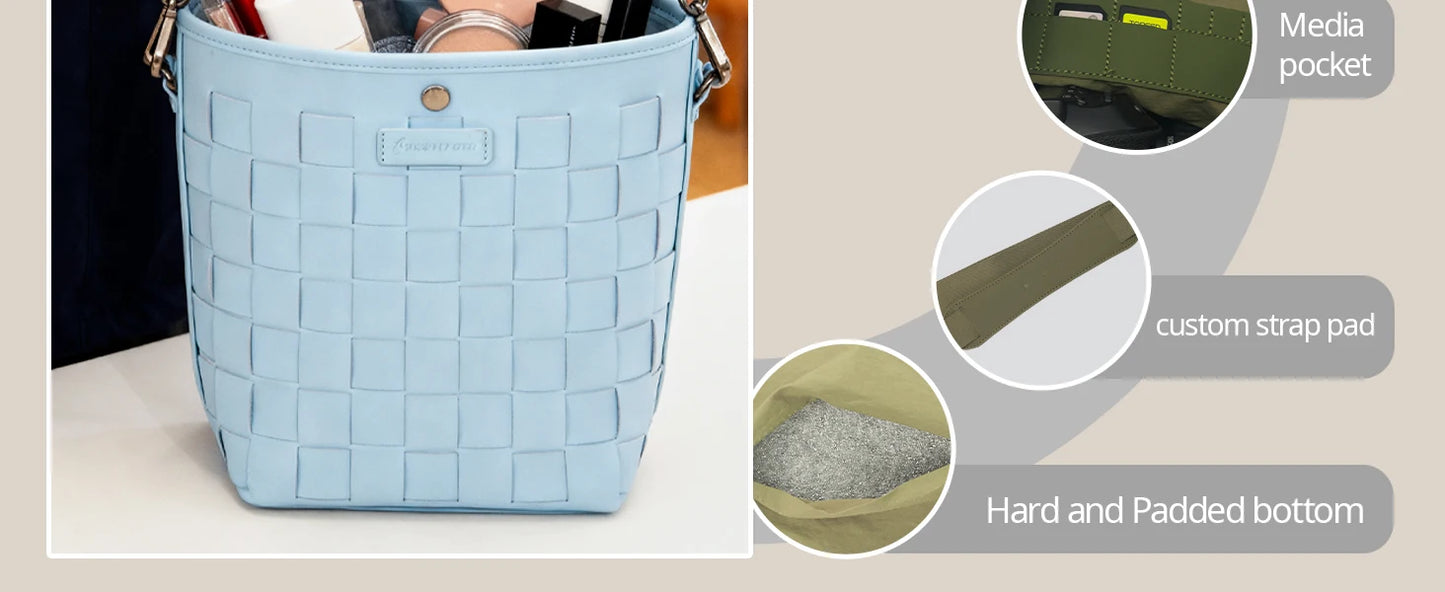 Besnfoto Camera Bag Stylish Woven Leather Shoulder Bucket Bag with Detachable Drawstring Pouch Removable Strap Vintage Crossbody Handbag Case for DSLR Mirrorless Camera Lens Sony Canon Nikon Women