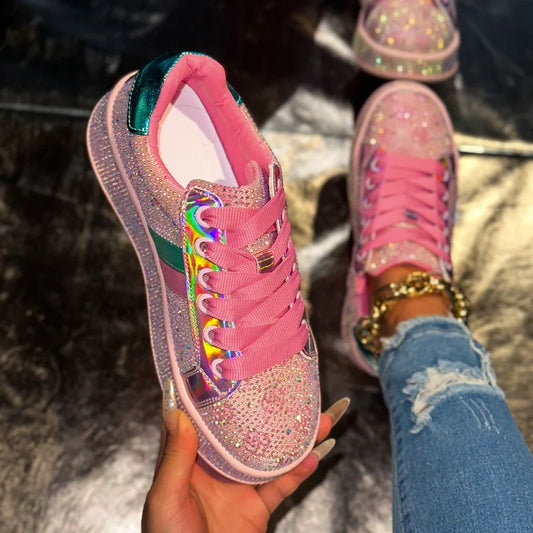Women's Designer Shoes Women's Luxury Platform Sneakers Crystal Water Diamond Fashion Lace Up Casual Shoes Zapatillas De Deporte