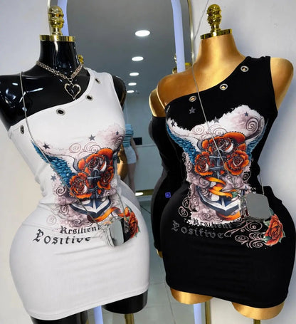 Stylish Lady Retro Tattoo Graphic Print One Shoulder Mini Dresses 2026 Women Eyelet Decor Rhinestone Bodycon Party Club Dress