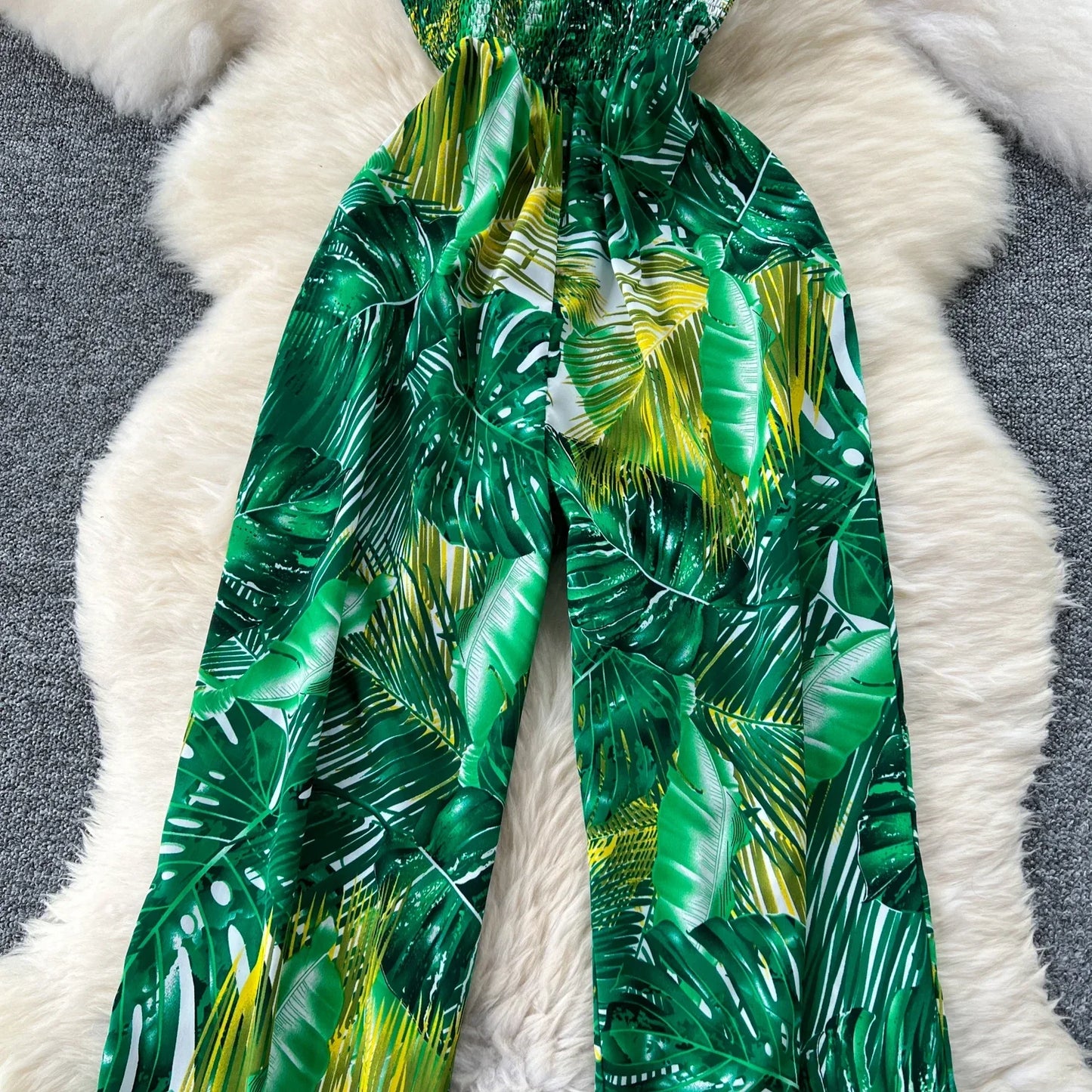 2024 New Summer Sexy Bohemian Leaf Print Jumpsuits Women Sleeveless Sexy Long Jumpsuit Mujer Casual Holiday Beach Rompers