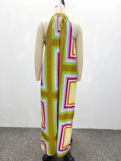 New Design African Fashion Women Jumpsuit Summer Geometric Printed Halter Sleeveless Wide Leg Jumpsuits Oufits Streetwear