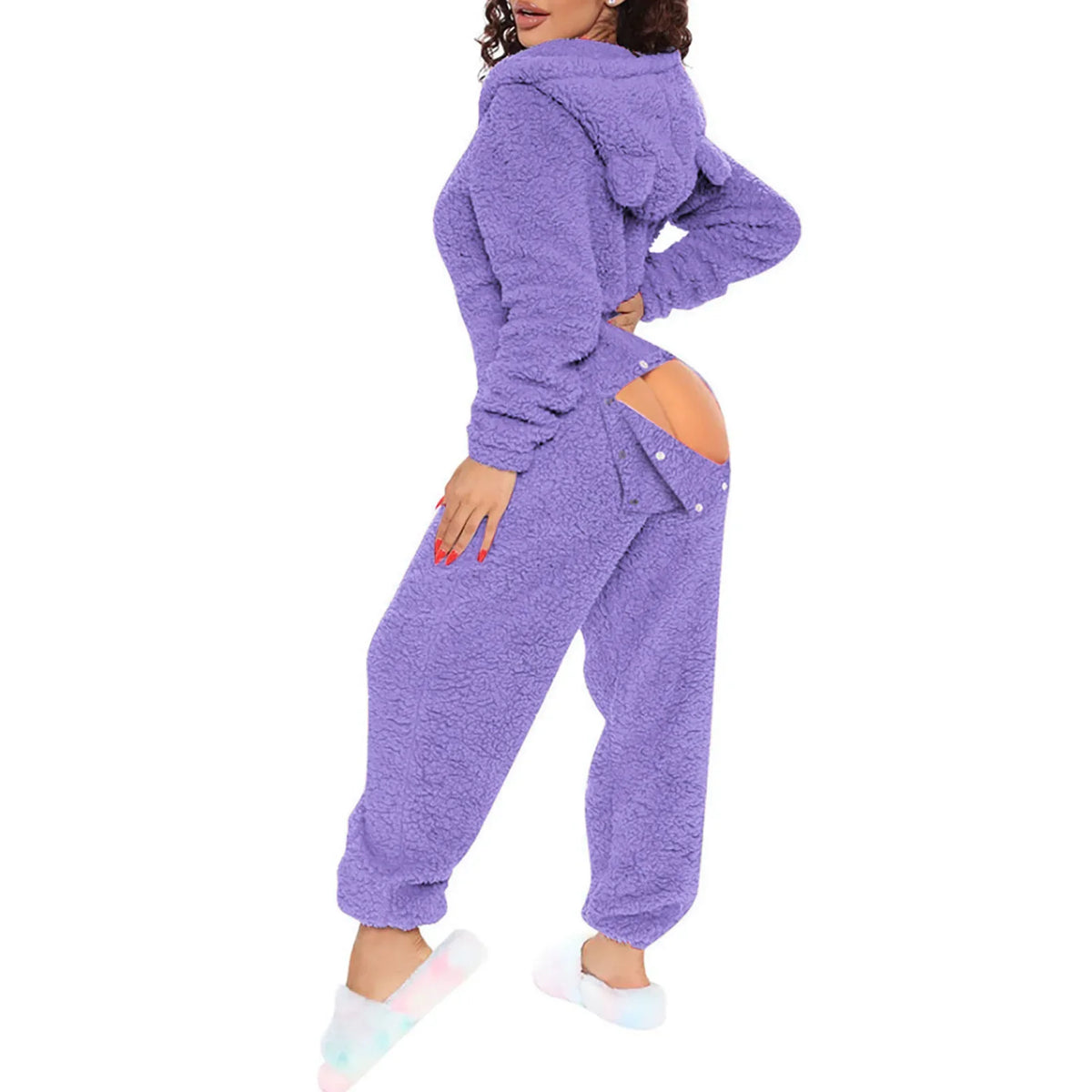 Women Jumpsuit Long Sleeve Pajama Zipper Hooded Jumpsuit Casual Winter Warm Sleepwear Sexy Butt Button Back Flap Home Clothing