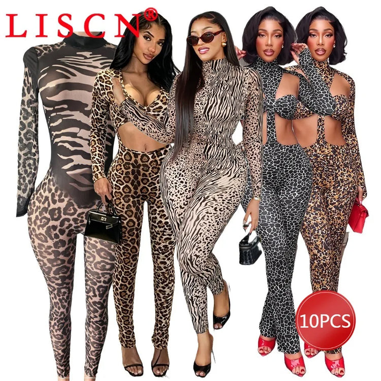 10 Bulk Items Wholesale Lots Jumpsuits Women Long Sleeve Bodycon Sexy Y2k Leopard Printing O-neck Rompers Streetwear K17649