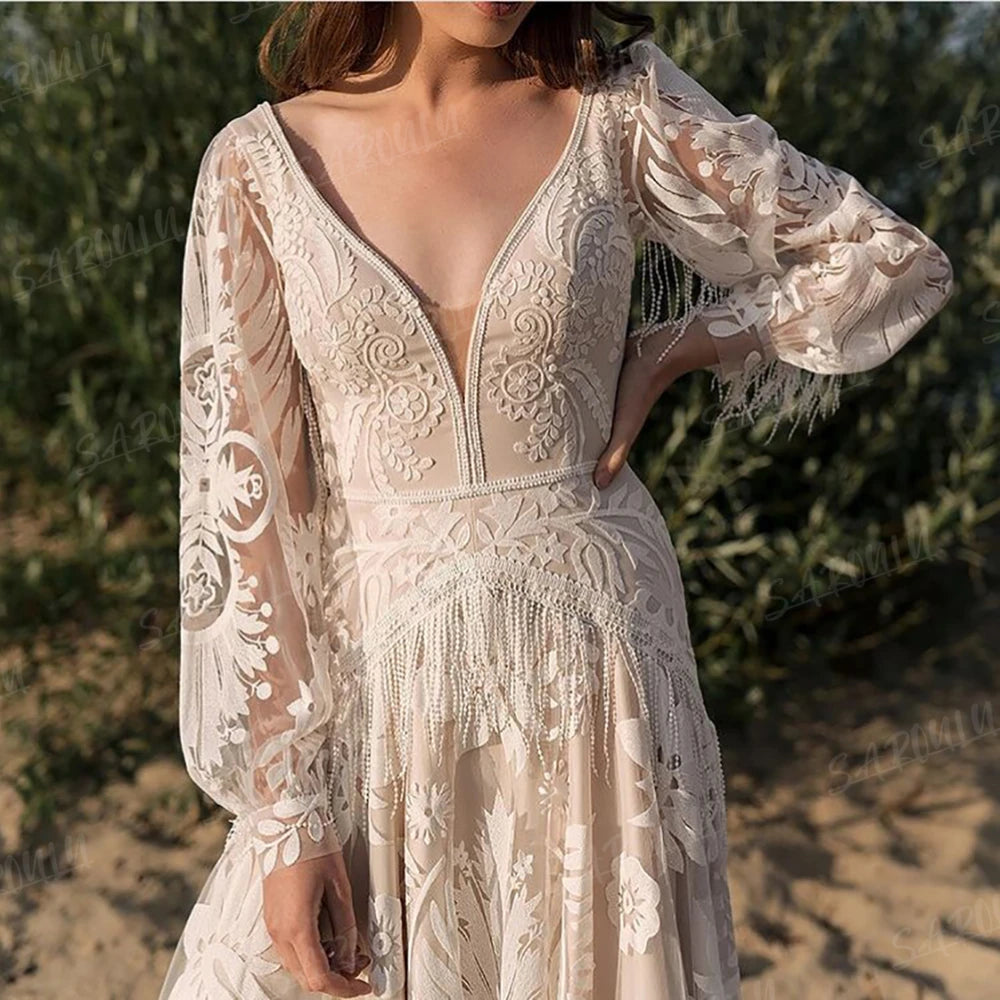 Bohemian  Long Puffy Sleeves Elopement Bridal Gowns Allover Lace Wedding Dress  A Line V Neck Tassel Boho Beach Bride Dresses