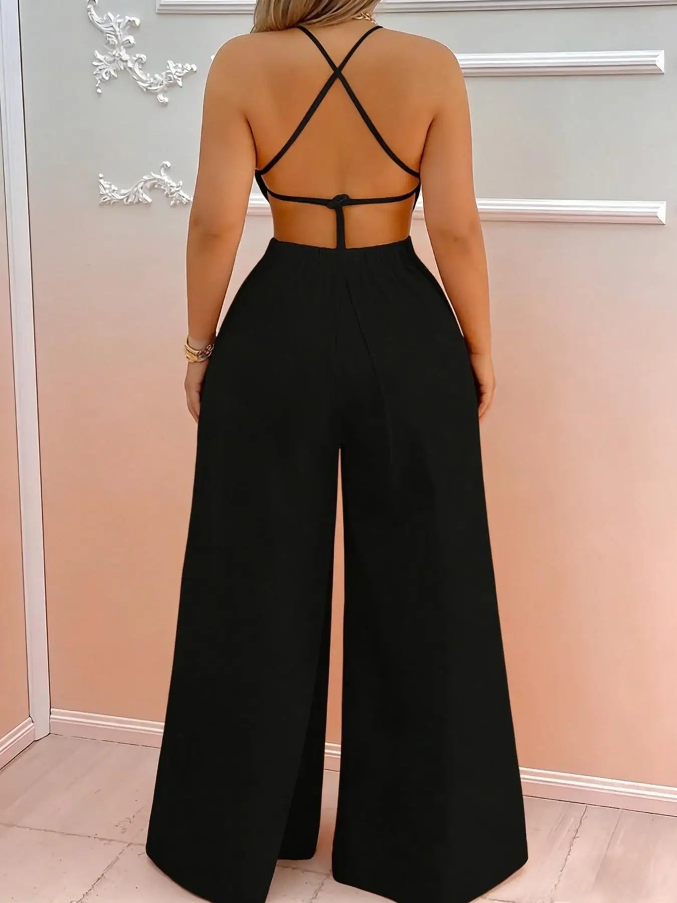 Women's One-Piece Hanging Neck Backless Hollow out Wide Leg Jumpsuit Fashionable Bridesmaid Or Special Occasion Wear