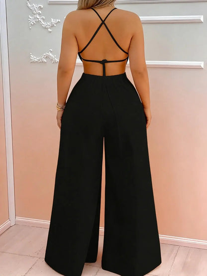 Women's One-Piece Hanging Neck Backless Hollow out Wide Leg Jumpsuit Fashionable Bridesmaid Or Special Occasion Wear