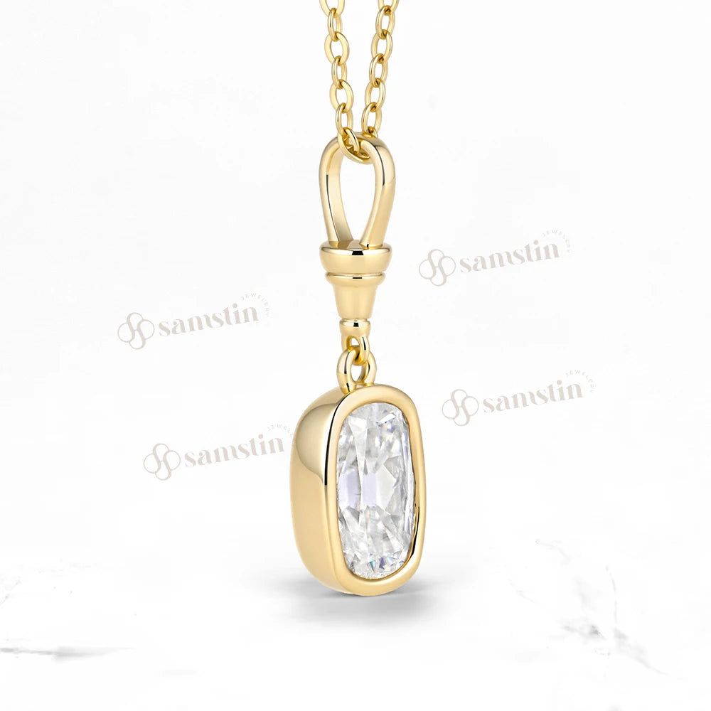 Samstin 2CT OMC Cushion Moissanite Custom Necklace for Women Solid 14K 10K Yellow Gold Engagement Necklace for Christmas Gifts