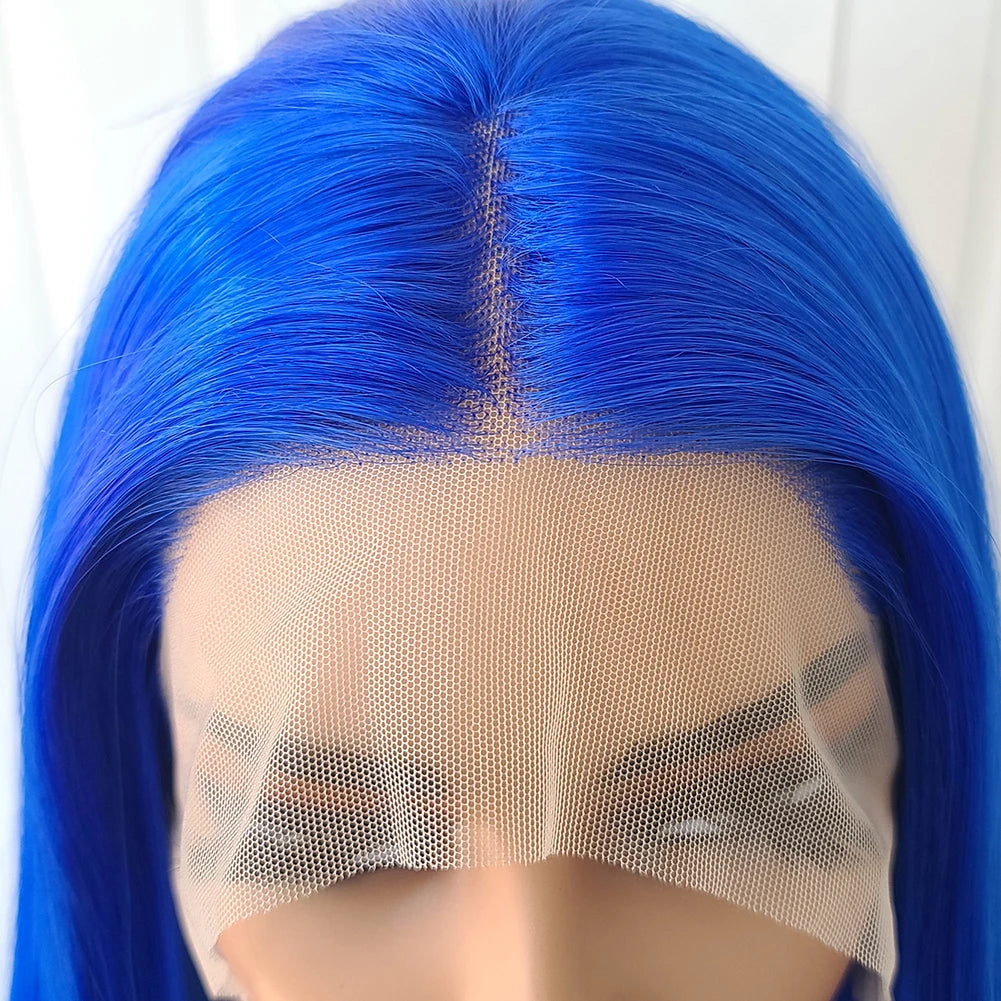 AIMEYA Blue Hair Lace Wig Synthetic Straight Wigs for Women Lace Frontal Wig Natural Hairline Cosplay Party Wigs Heat Resistant