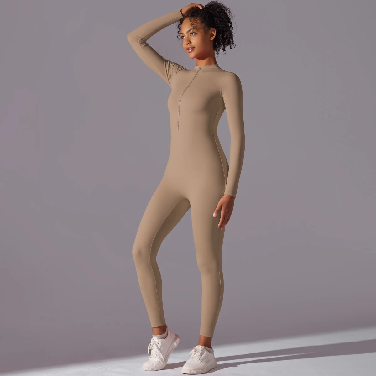 Solid Sports Jumpsuit Fashion Zipper Long Sleeve Fitness Overalls Women Sportswear Quick-dry Gym Yoga Jumpsuit
