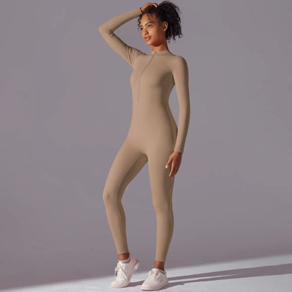 Solid Sports Jumpsuit Fashion Zipper Long Sleeve Fitness Overalls Women Sportswear Quick-dry Gym Yoga Jumpsuit