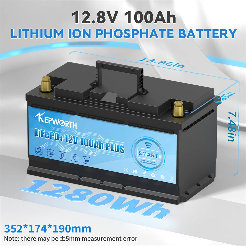 KEPWORTH 12V 100Ah Lithium Iron Phosphate Battery Upgraded BMS 6000 Cycles For RV Campers Golf Cart Off-Road Off-Grid Solar Wind