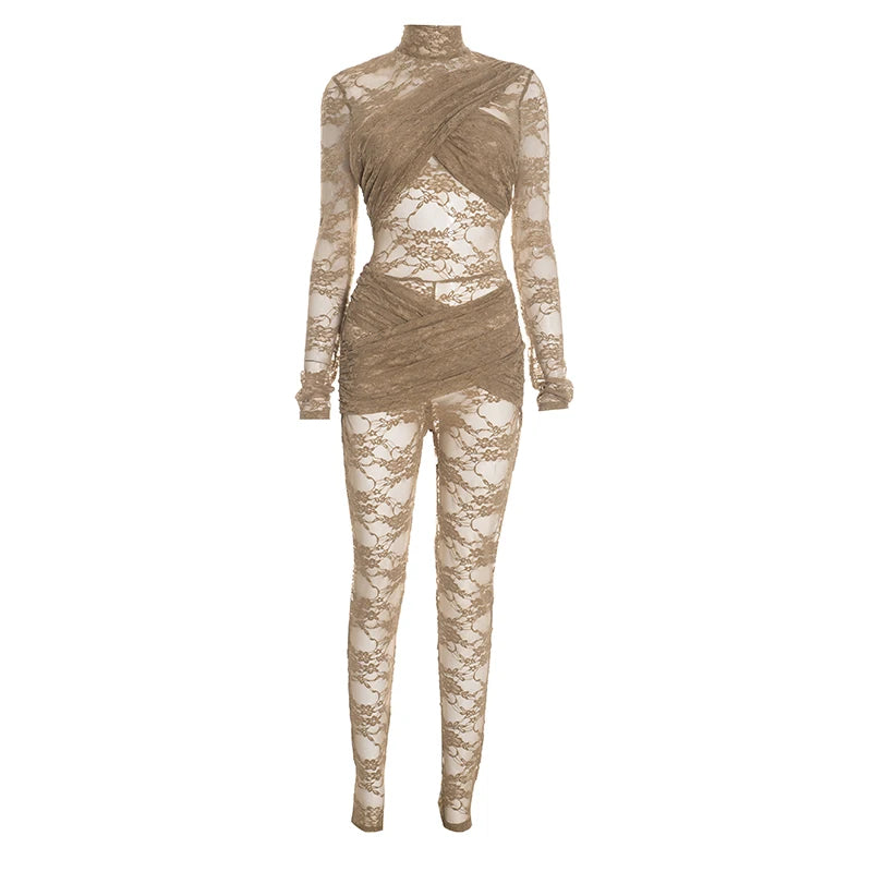 Weird Puss Backless Jumpsuit Women Coquette Jacquard Patchwork Cross Bandage Midnight Stretch Full Sleeve Club Activity Overalls
