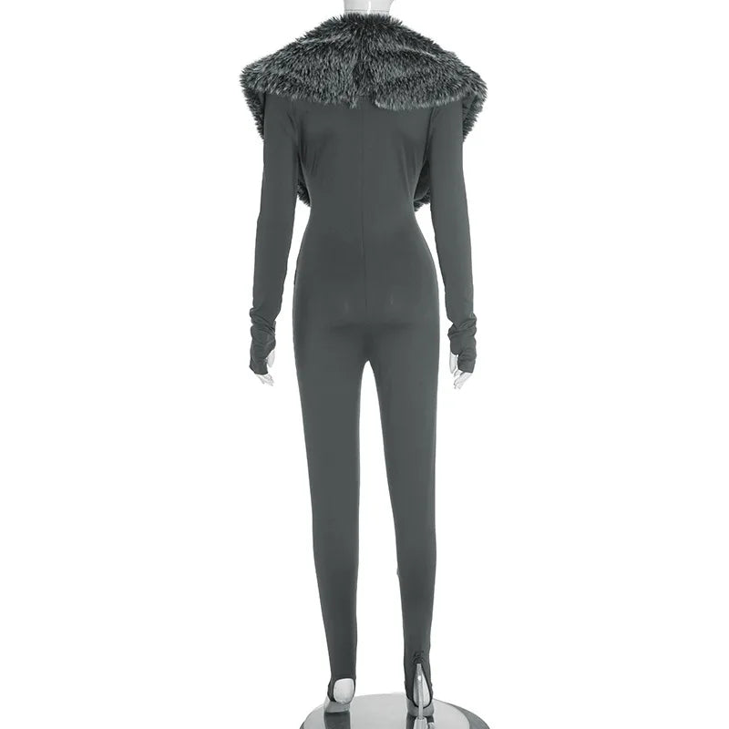Sexy Bodycon Jumpsuits Women Faux Fur Collar Cut Out Long Sleeve Slim Fit One Piece Rompers Party Streetwear 2025 Fall Winter