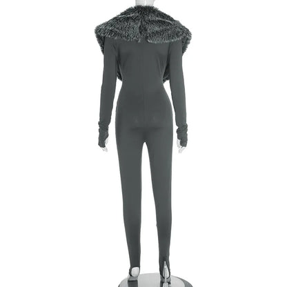 Sexy Bodycon Jumpsuits Women Faux Fur Collar Cut Out Long Sleeve Slim Fit One Piece Rompers Party Streetwear 2025 Fall Winter