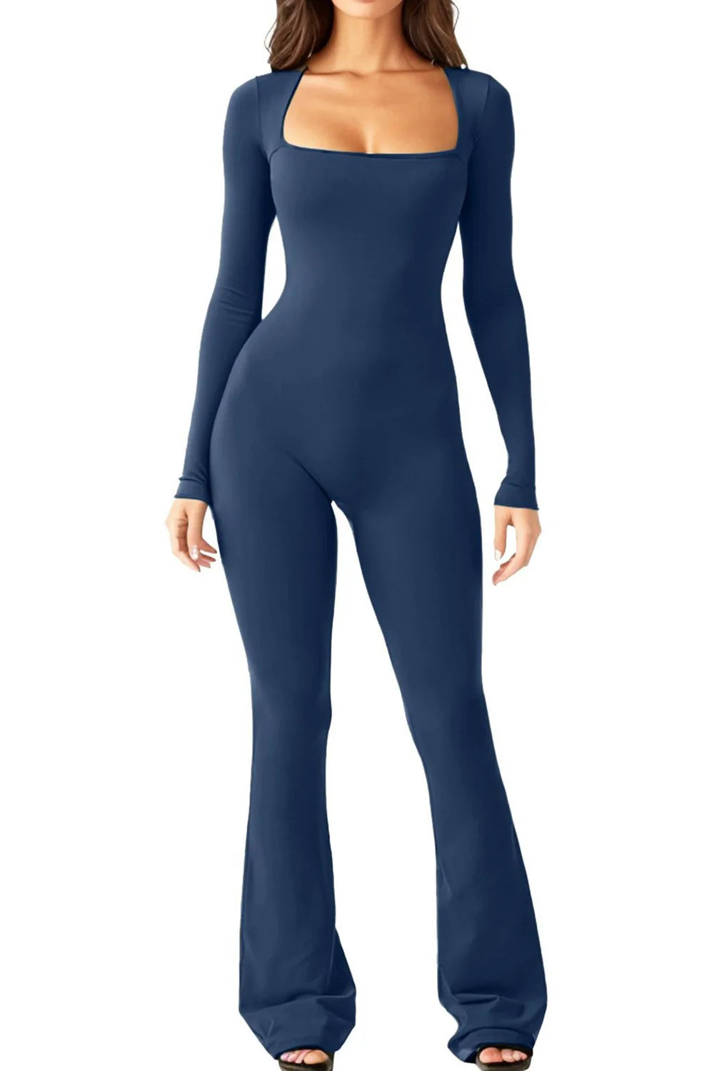 Foreign Trade Women's Long Sleeved Waist Cinching and Waist Lifting Square Collar Wide Leg High Elastic Jumpsuit