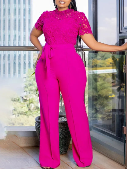 Solid Women Jumpsuits For Summer Autumn Short Sleeve Bandage Loose Fashion Streetwear Overalls Wide Leg Pants Trousers 2024