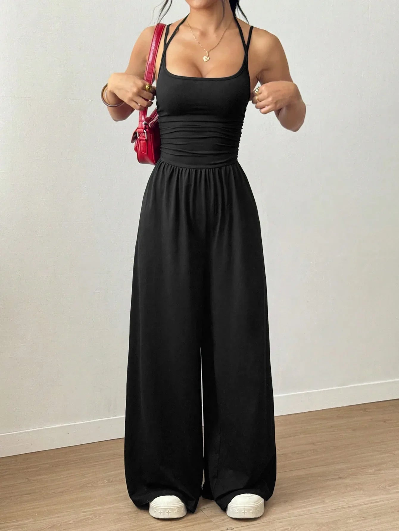 Women Halter Spaghetti Strap Jumpsuits Summer Casual Elastic High Waist Backless Wide Leg Long Pants Romper Club Party Overalls