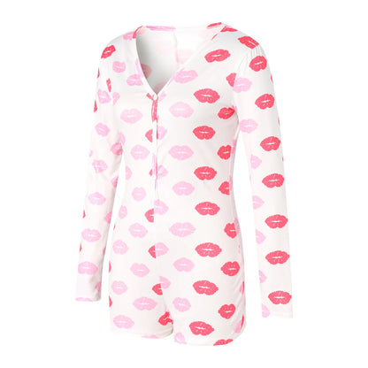 Combhasaki Women's Sexy High Waist Functional Buttoned Flap OnesEies Casual Pattern Print Romper Long Sleeve Playsuit Homewear