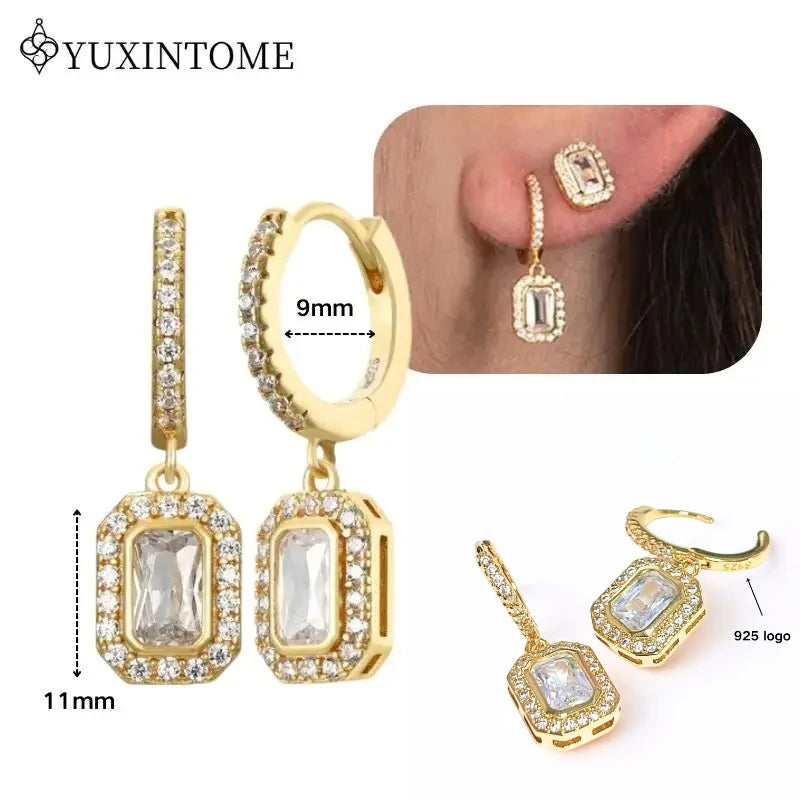 Women's 925 Sterling Silver Ear Needle Crystal Zircon Water Droplets Stud Hoop Gold Huggie Earrings Premium Luxury Party Jewelry