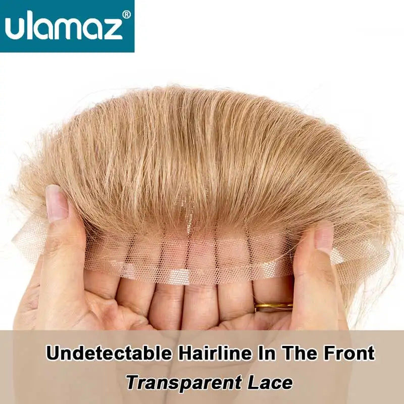 Full Lace V Style Shape Men's Front Hairline Natural Hairpiece Male Forehead Hairline Lace Pu Frontal Hair Patch For Men Blonde