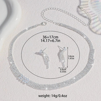Ladies' Fashionable Silver-Plated And Diamond-Encrusted Metal Necklace, Earrings Set, Bride'S Wedding Attire And Accessories
