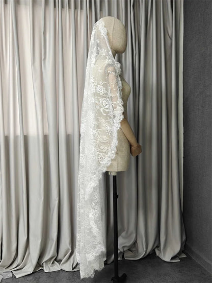 Customized Eyelash Lace Mantilla Veil, 1m/1.5m/2m/2.5m/3m Wedding Veil with Hidden Comb, Elegant One Layer Ivory Bridal Veil