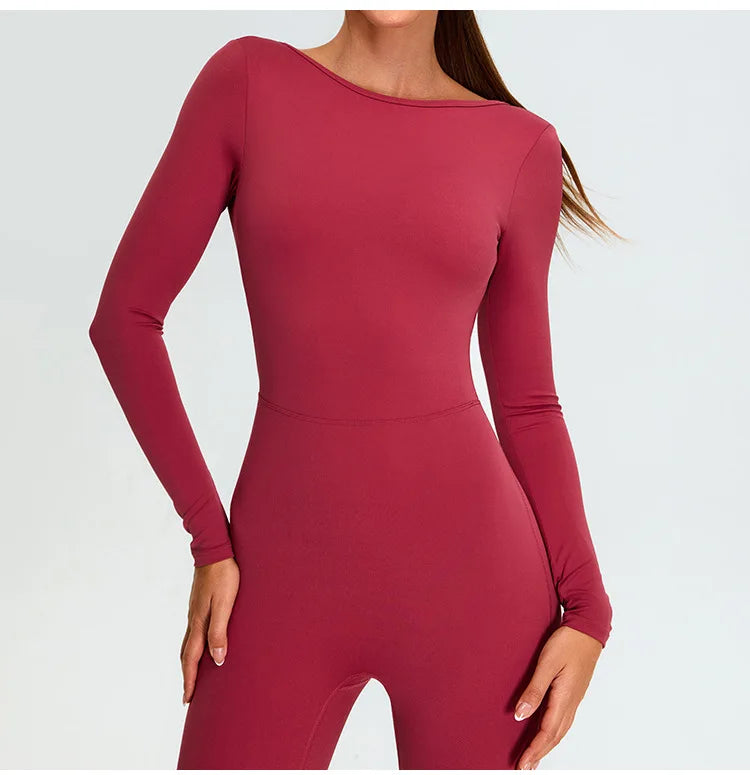 New Summer Sexy V Back Gym Sports Jumpsuit Yoga Clothes Rompers Women Long Sleeveles Workout Bodysuits Backless One-piece Suit