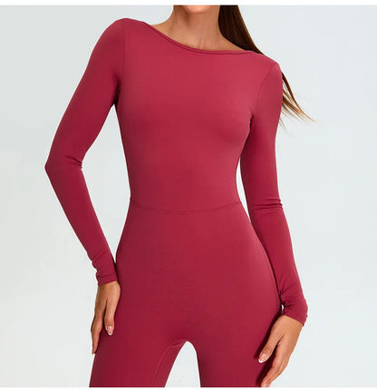 New Summer Sexy V Back Gym Sports Jumpsuit Yoga Clothes Rompers Women Long Sleeveles Workout Bodysuits Backless One-piece Suit