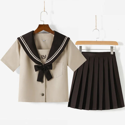 JK School Uniform Set Sailor Suit with Pleated Skirt Milk Tea Color Jk Outfit