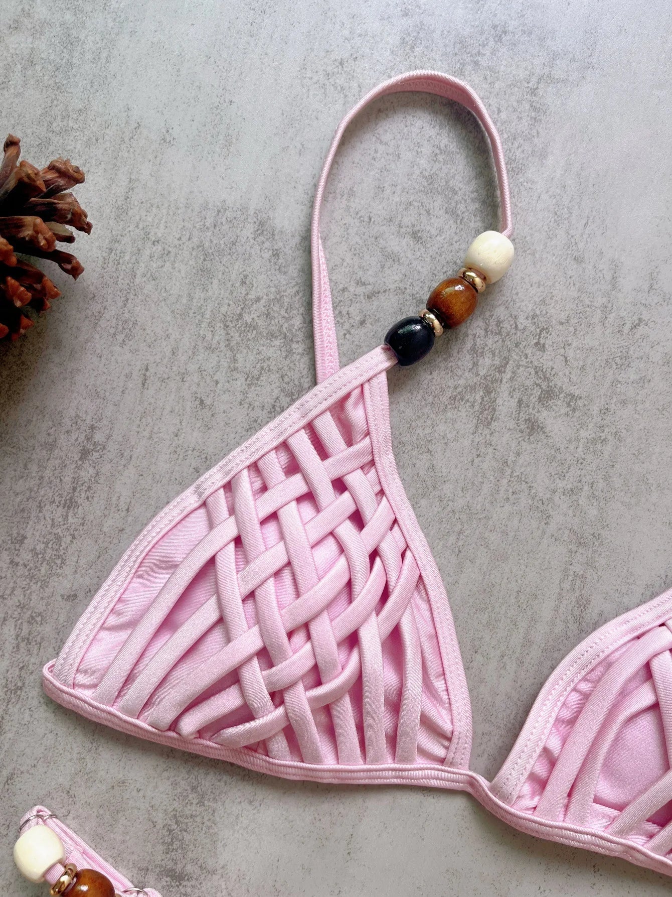 Sexy Brown Bikini Set 2026 Women Pearls Strap Hole Out Push Up Bra Thong Swimsuit Brazilian Beach Bathing Suit Micro Swimwear