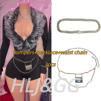 HLJ&GG Black Sexy Fur Splicing Deep V Bodycon One Piece Rompers Women Long Sleeve Slim Jumpsuits Fashion Streetwear With Belt