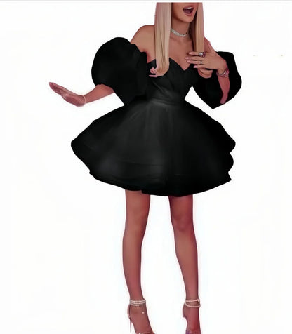 Satin and Tulle Off Shoulder Party Prom Dresses Sweetheart Short Homecoming Dress A-Line Bubble Sleeves Ball Gowns
