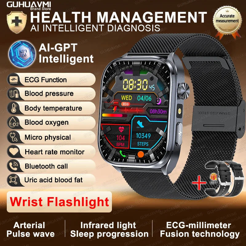 2026New ECG+PPG Clock Health Trackr 2.0 inch Uric Acid Blood lipids Pressure Smart Watch Body Analysis Voice call Smartwatch Men