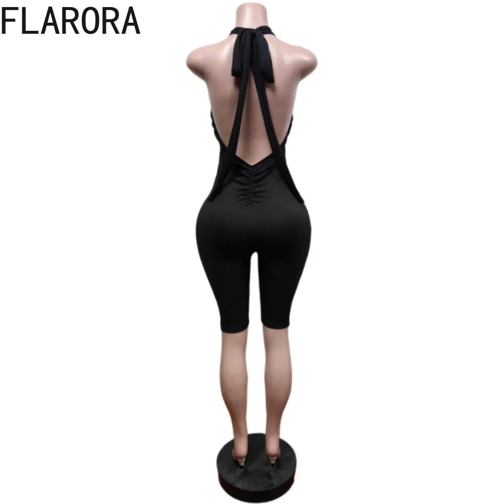 FLARORA Fashion Solid Color Rompers Woman Sexy Halter Bandage Sleeveless Backless Skinny Peach Hip Stretch Fitness Playsuits