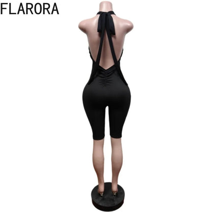 FLARORA Fashion Solid Color Rompers Woman Sexy Halter Bandage Sleeveless Backless Skinny Peach Hip Stretch Fitness Playsuits