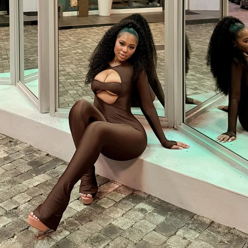Joskaa Women Cutout Long Sleeve Jumpsuit with Tube Tops Sexy O-neck Back Zipper Thumb Hole Design Bodycon Rompers Party Clubwear