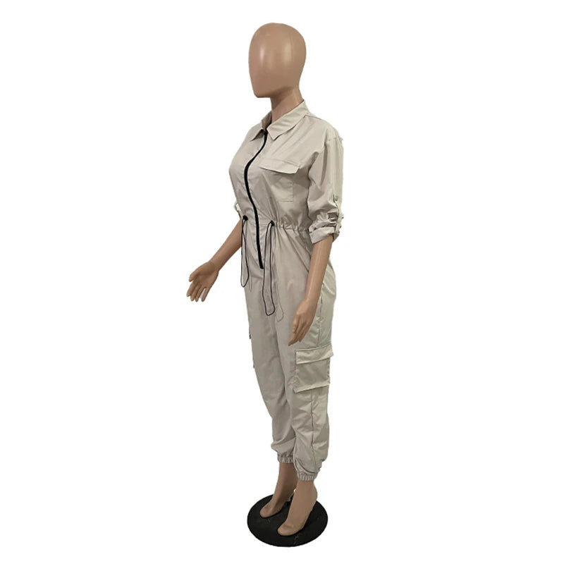 Fashion Cargo Jumpsuits Autumn Clothing Women 2026 Full Sleeve Zip Up Pockets Long Rompers Playsuits One Pieces Overalls Outfits