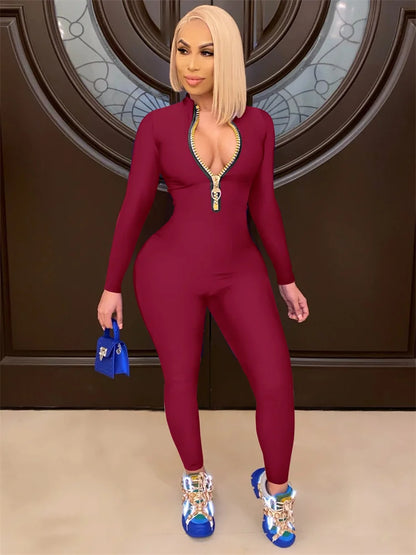 WESAYNB Wholesale Streetwear Clothes Zipper Long Sleeve Jumpsuit Women 2022 Black Blue Pink One-pieces Outfits Bodycon Jumpsuits