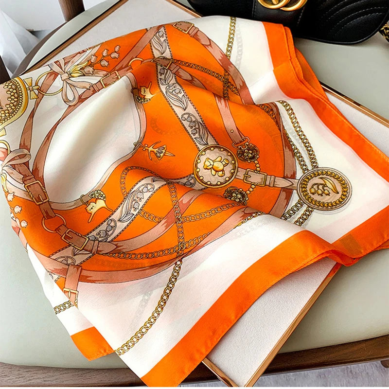 1pcs 70cm Roman Chain Silk Scarf for Women Simulated Silk Geometric Round Fashion Versatile Headwear Clothing Square Scarf