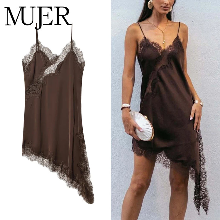 MUJER Lace Slip Mini Dress Women Satin Backless Summer Dress Woman Asymmetric Party Women's Dress Sexy Beach Dresses for Women