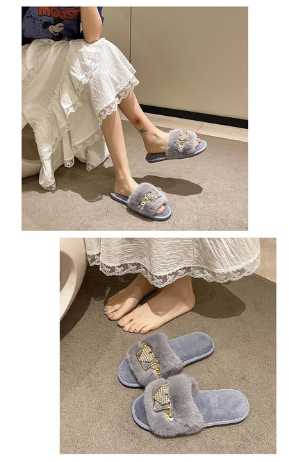 Love Chain Fluffy Women's Slippers Home Fashion Luxury Designer Shoes Woman Autumn Winter Faux Fuzzy Fur Slides Indoor Elegant