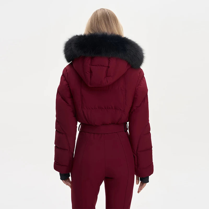 Thicken One-piece Ski Suit Women Faux Fur Hooded Tassels Coat High Waist Belt Jumpsuit 2025 Winter Windproof Waterproof Skiwears