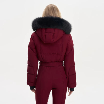 Thicken One-piece Ski Suit Women Faux Fur Hooded Tassels Coat High Waist Belt Jumpsuit 2025 Winter Windproof Waterproof Skiwears