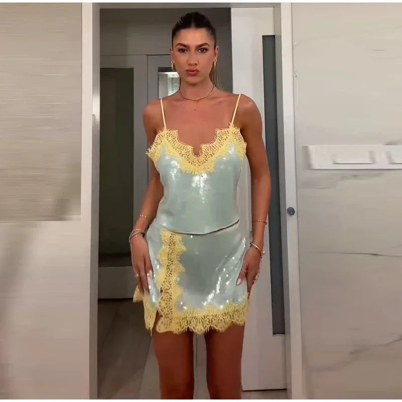 Sequined Lace Trim Patchwork Mini Skirt Sets V-neck Backless Spaghetti Strap Tops Split Skirt Suit 2026 Lady Summer Party Set