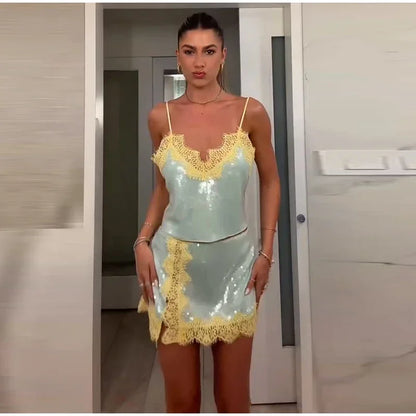 Sequined Lace Trim Patchwork Mini Skirt Sets V-neck Backless Spaghetti Strap Tops Split Skirt Suit 2026 Lady Summer Party Set