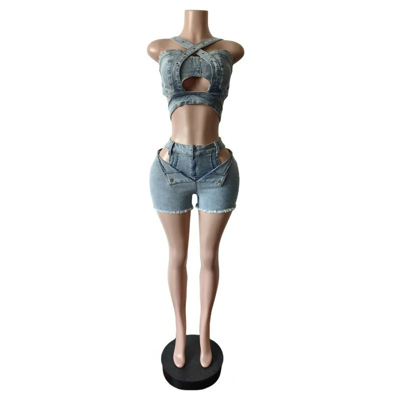 Streetwear Hollow Out Jeans Shorts Outfit Set Sexy Women Elegant Two Pieces Denim Club Matching Set Top+Shorts