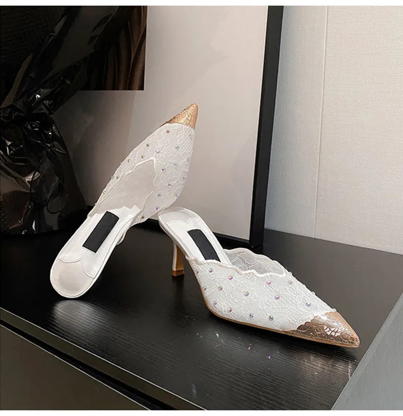 Luxury Rhinestones Mesh Lace Women Pumps Sandals Summer Elegant Pointed Toe 8cm Thin High Heels Mulse Sides  Fashion Party Shoes
