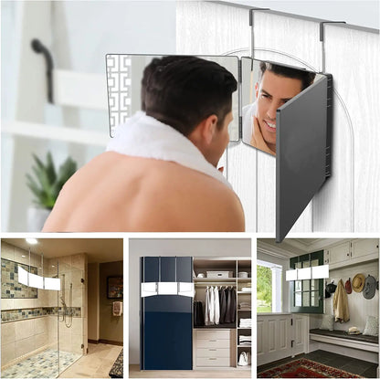Travel Portable 360° Trifold Vanity Makeup Mirror with Height Adjustable Telescoping Hook for Hair Self Cutting, Shaving, Gifts