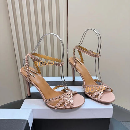 Fashionable Satin Pointed Toe Crystal High Heel Slippers Diamond Stiletto Sandals Luxury Sexy Design for Party Wedding Occasions