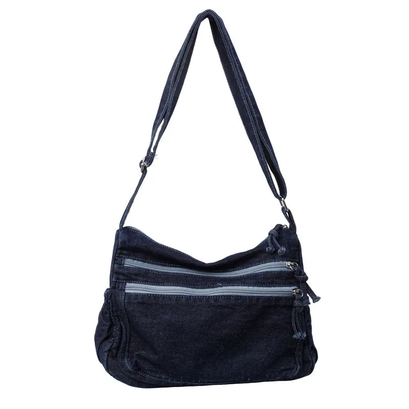 Vintage Denim Women's Shoulder Bag Large Capacity Messenger Bag Multi-pockets Satchel Bags Adjustable Strap Ladies Crossbody Bag